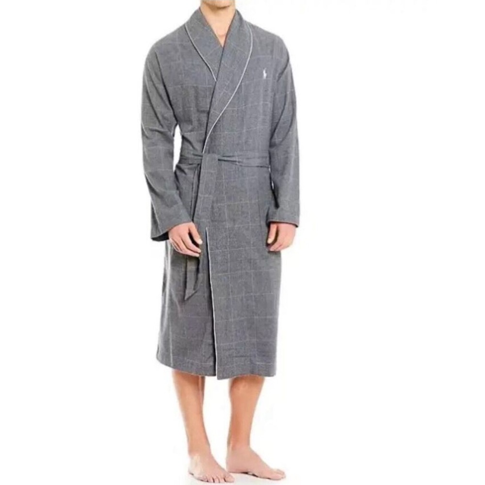 Polo Ralph Lauren Mens Cotton Robe Sz L/XL Grey Plaid Windowpane Pony Logo